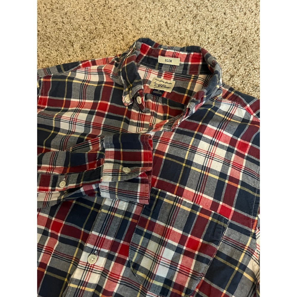 J. Crew Mens Button Down Shirt S Red Navy Plaid Slim Fit Cotton Long Sleeve